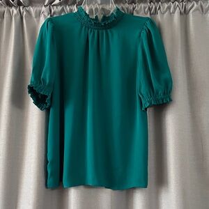LOFT Teal Green Smocked Ruffle Neck Puff Sleeve Top
